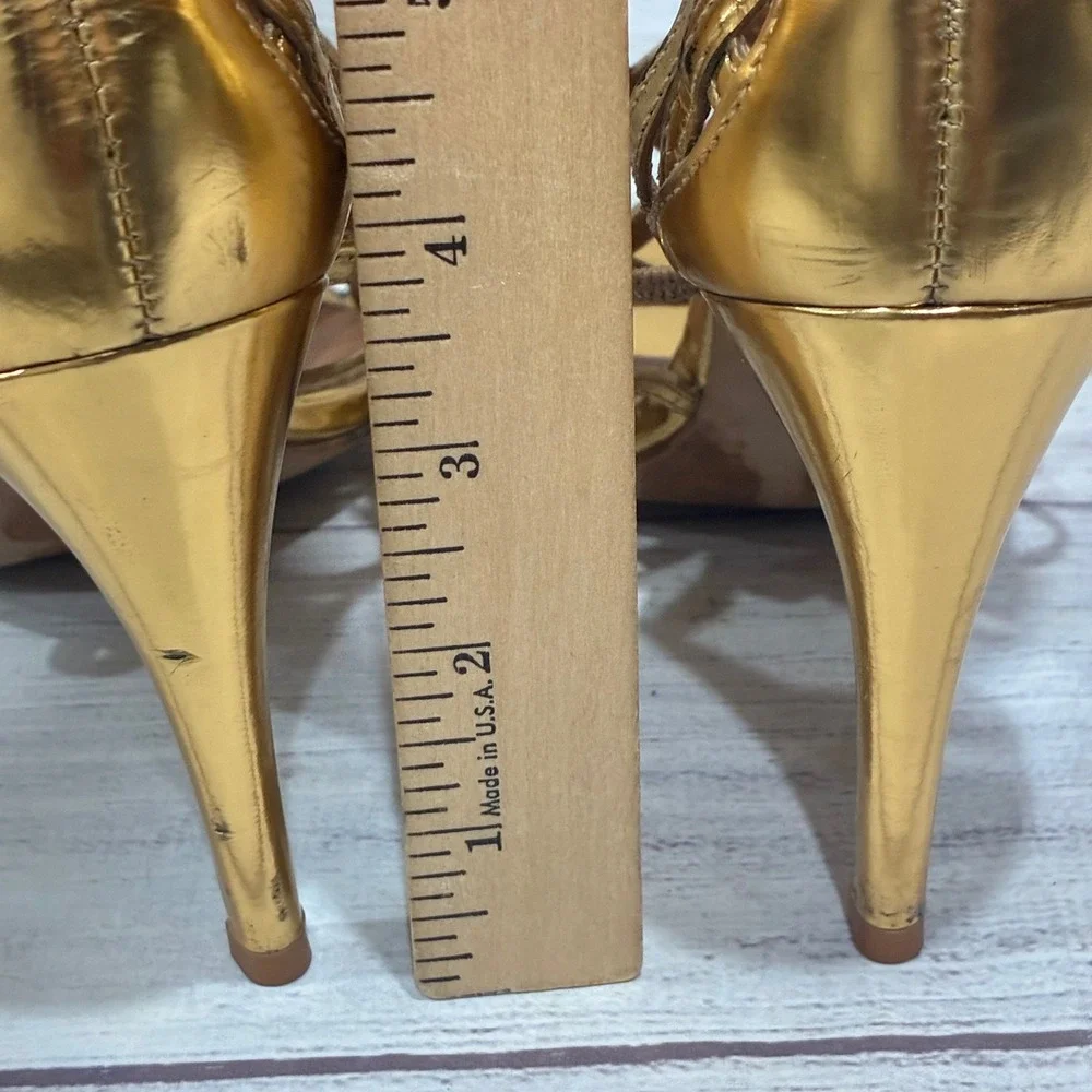 Tory Burch Amalie Strappy Cage Womens 7.5 Gold Metallic Stiletto Heels Buckle